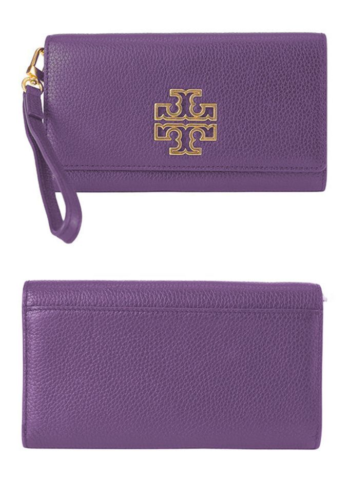 TORY BURCH - 雙T-LOGO皮革翻蓋手拿包長夾 (深萄葡紫)