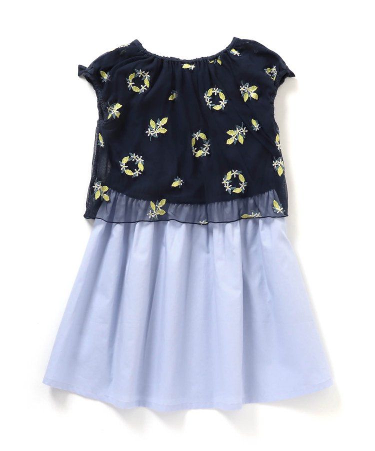 日本 apres les cours - 可愛檸檬刺繡分層短袖洋裝-海軍藍