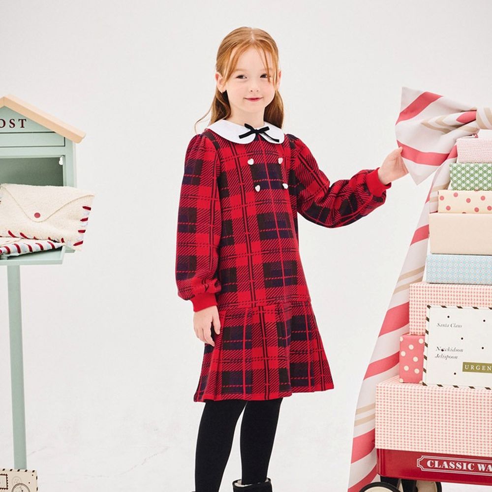 經典學院格紋內刷毛翻領長袖洋裝-紅