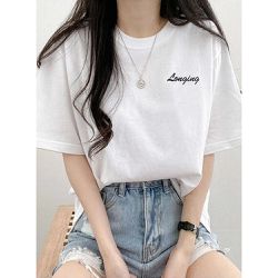 日本 GRL - 美式簡約刺繡logo寬版T恤-象牙米 (F)