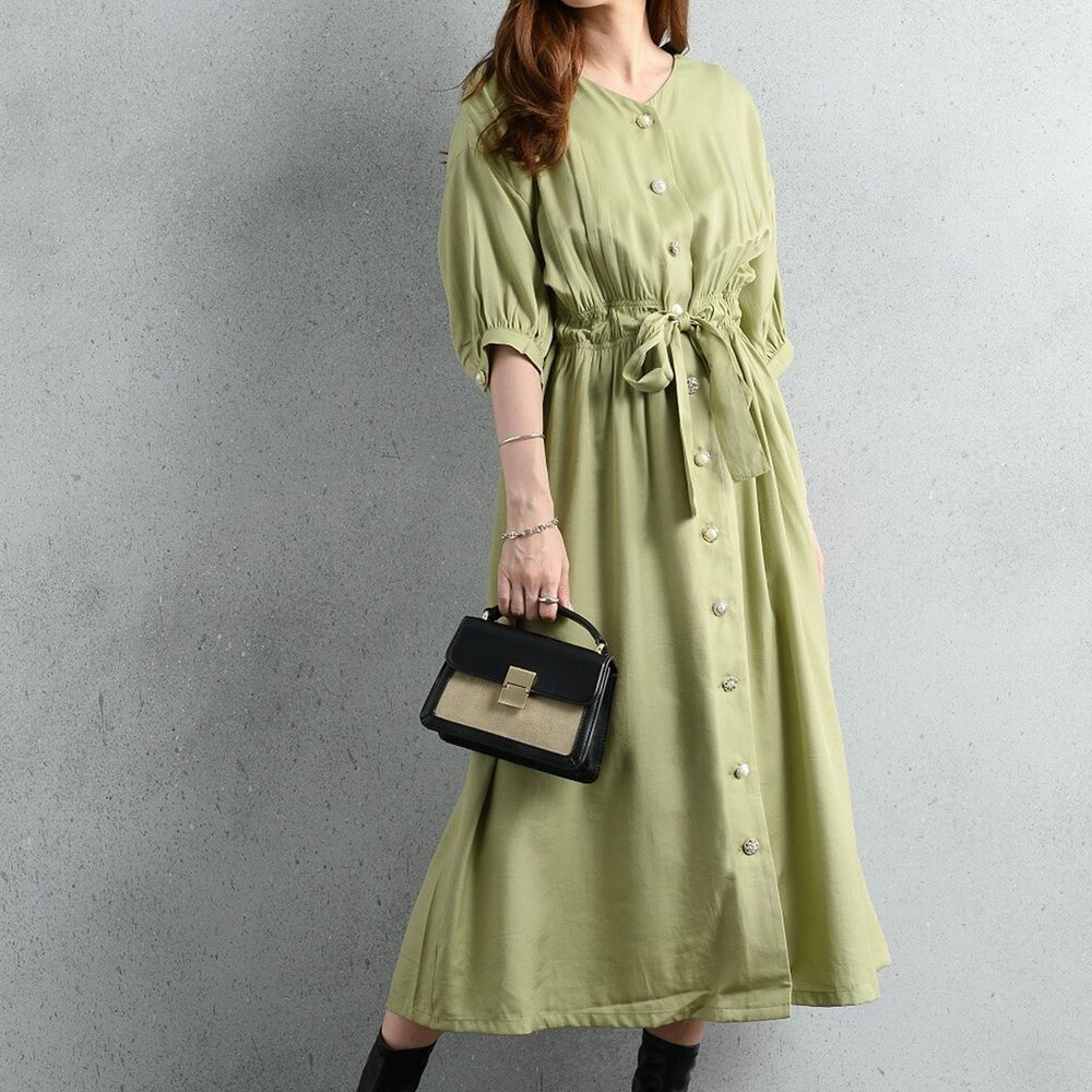 日本 ELENCARE DUE - 優雅V領腰間綁帶排釦五分袖洋裝/罩衫-綠