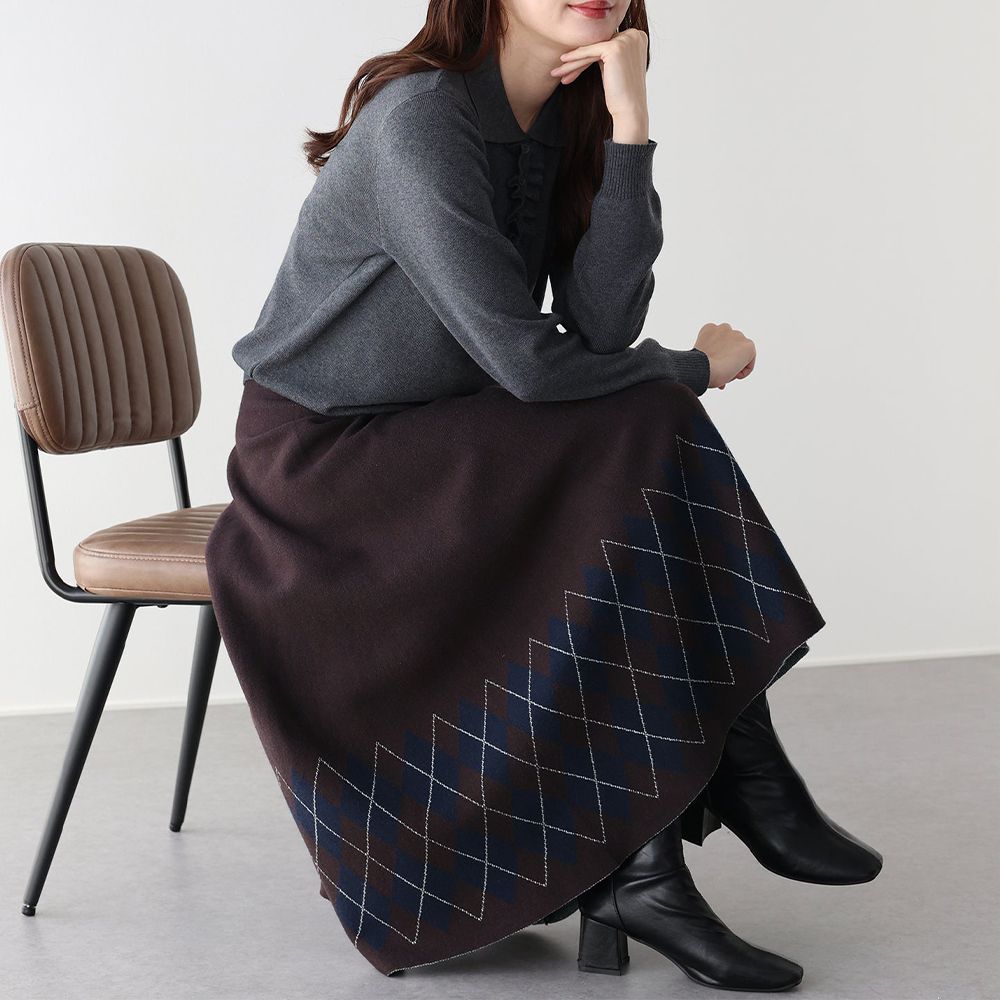 氣質女伶全腰鬆緊皺摺長裙-菱格-咖啡 (M)