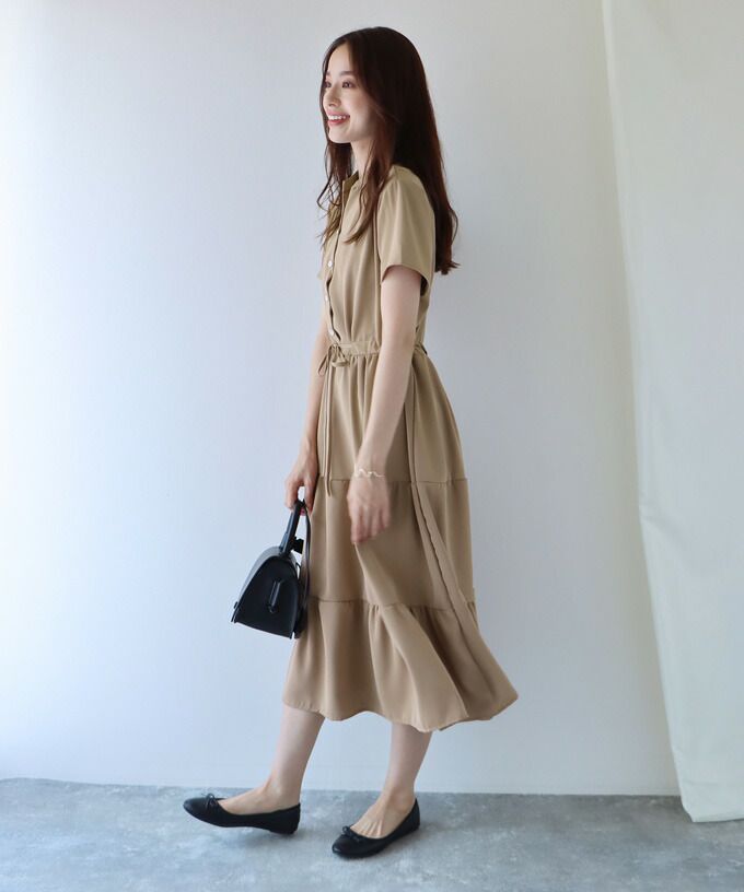 日本 BLUE EAST - 氣質小V領排釦短袖洋裝-素色-綠 (M(Free))