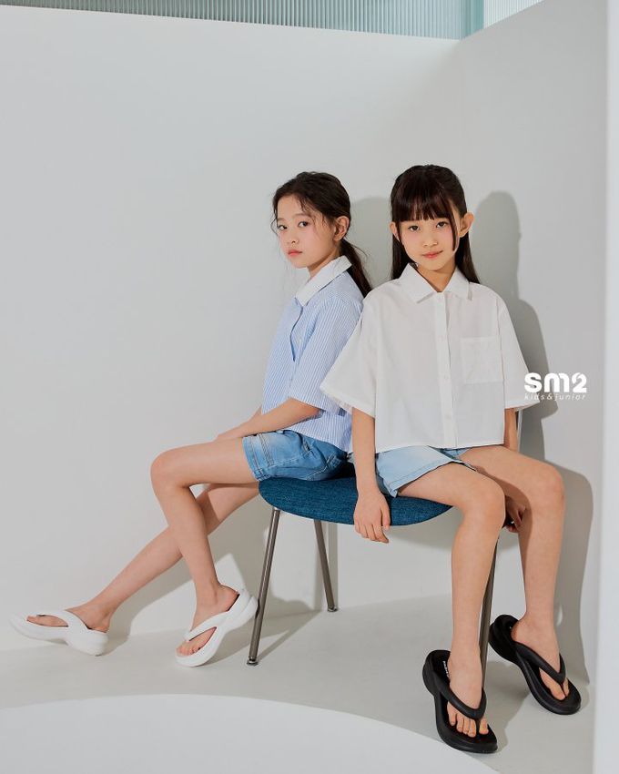 韓國 sm2 - 單口袋短版翻領襯衫-直紋-藍