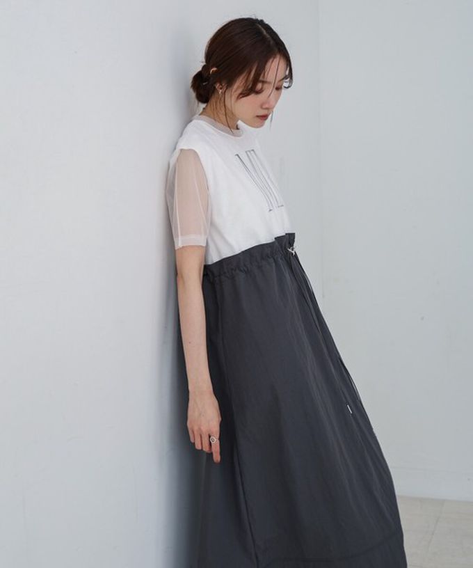 日本 Bab - 拼接層次感抽繩薄紗短袖洋裝-灰x黑