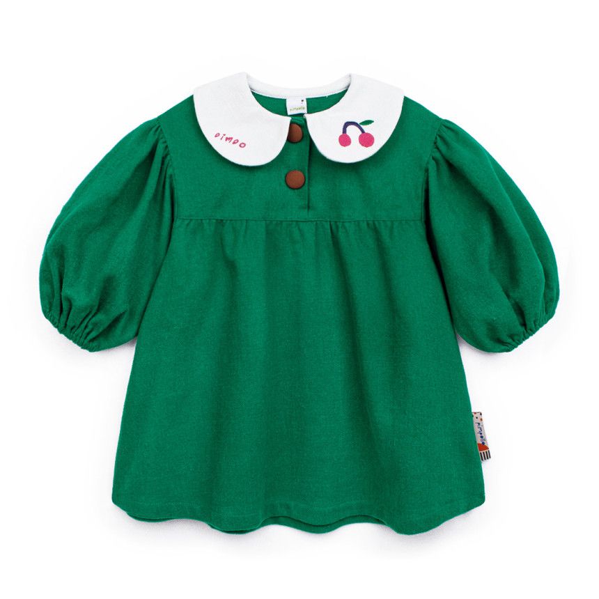 韓國Pimpollo - 小櫻桃泡泡袖洋裝-綠