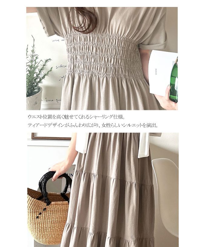 日本 Classical Elf - 100%棉 圓領美型縮腰分層短袖洋裝-深灰