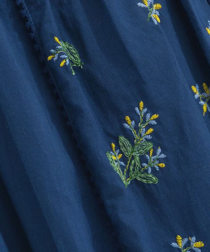 日本 Lupilien - 100%印度棉 優美植物刺繡長裙-海軍藍