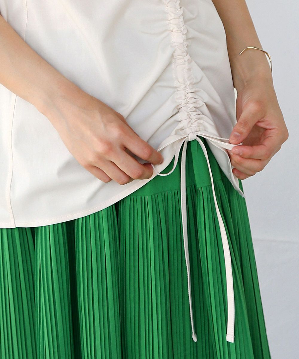 日本 Bab - 撞色拼接抽繩法式袖上衣-白