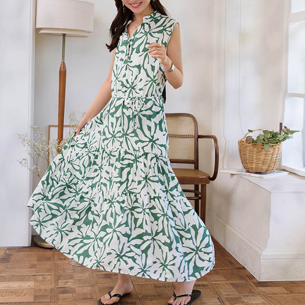 迷人渡假風純色印花無袖洋裝-綠 (F)