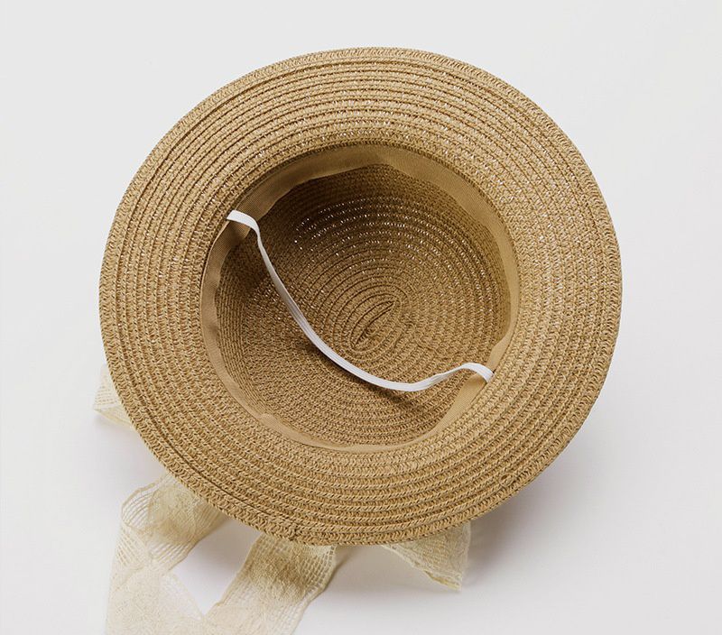 兒童公主蕾絲蝴蝶結遮陽草帽-卡其 (48-50cm)