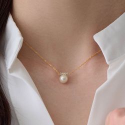 日本 Melody Accessory - 優雅單顆珍珠橫式水鑽項鍊-金