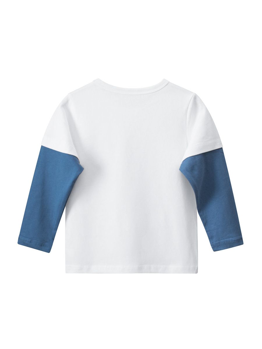 純棉圓領假兩件薄長袖上衣-滑板車恐龍-米白+藍