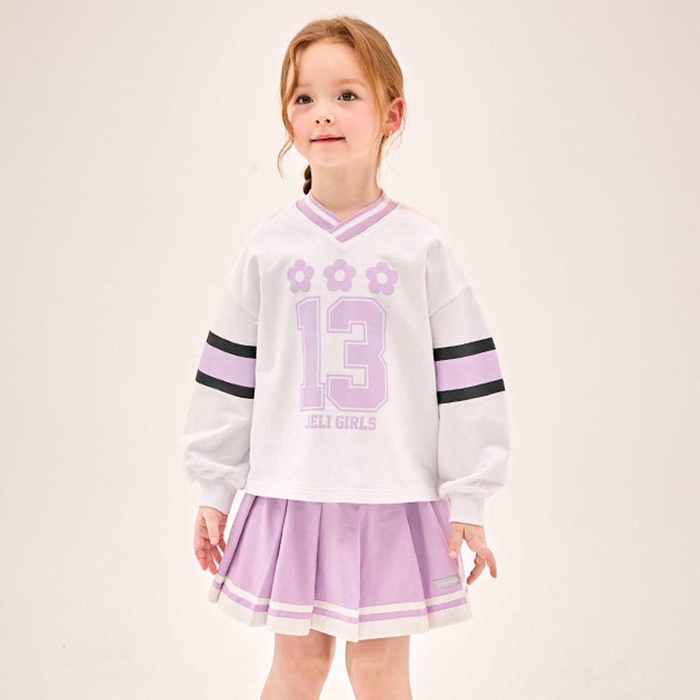 韓國 Jelispoon - 活力女孩長袖上衣百褶裙套裝-白X紫