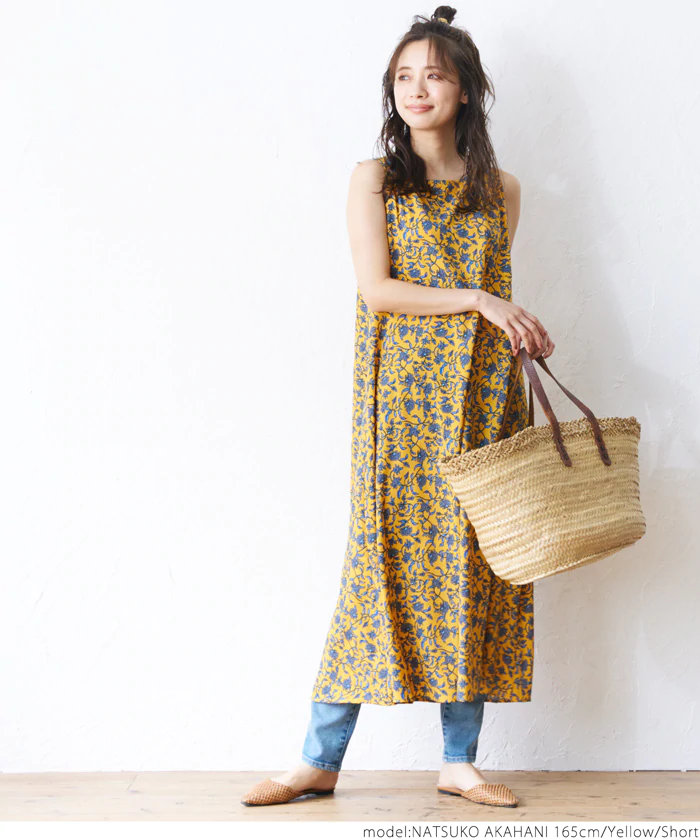 日本 COCA - 夏日繽紛碎花無袖洋裝-黃