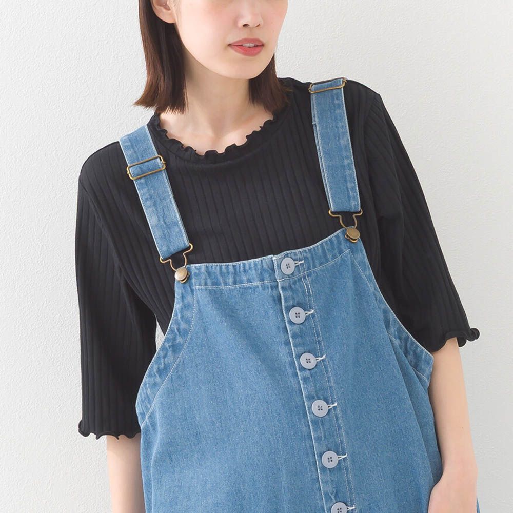 輕盈木耳邊合身羅紋短袖上衣-黑