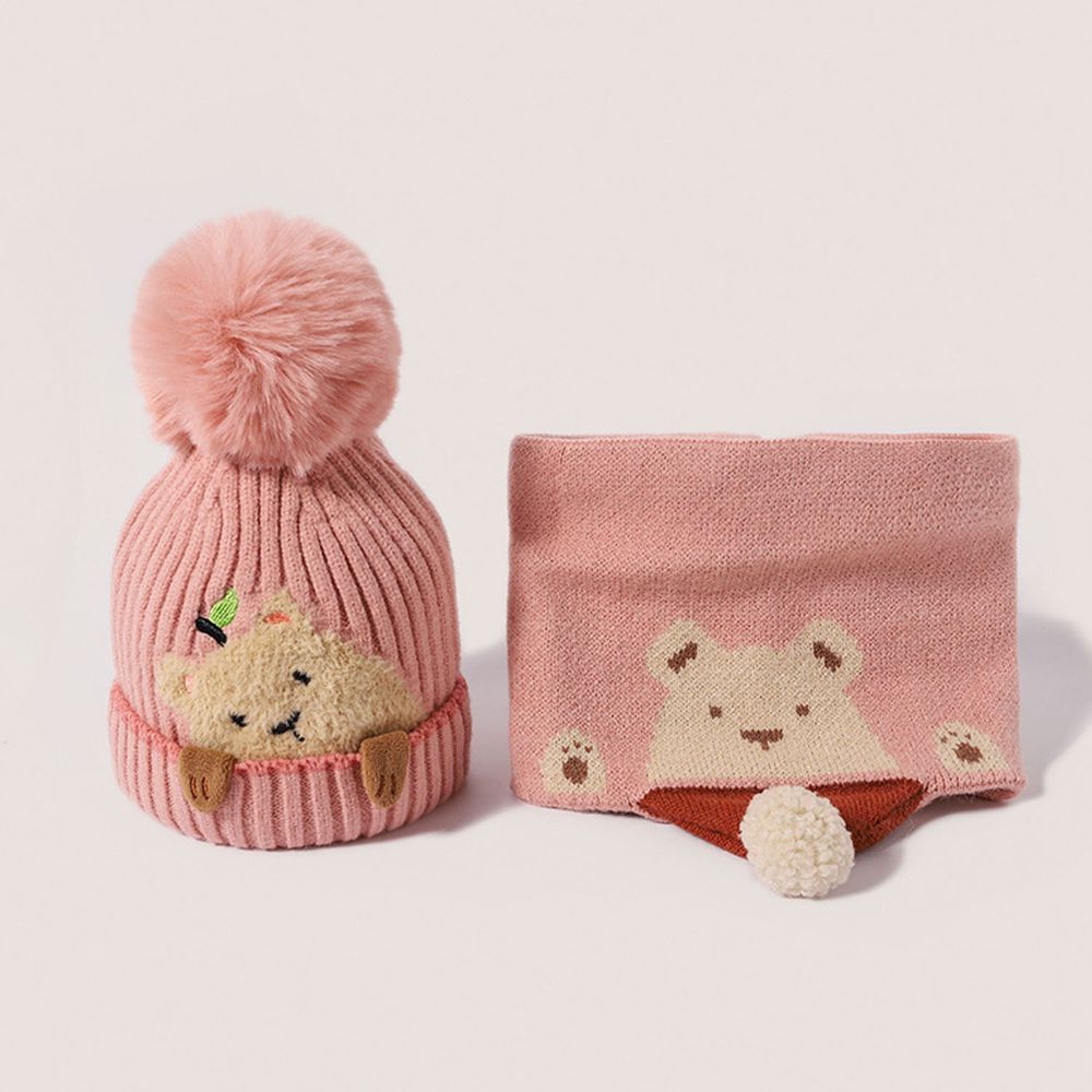 小熊圍脖毛帽組-粉色 (帽圍50-54CM/建議年齡3-8歲)