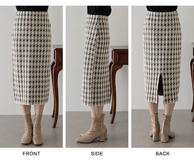 日本 BLUE EAST - 氣質千鳥格針織開叉合身長裙-黑灰