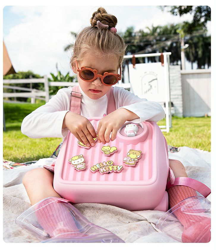 卡通DIY可拆式兒童後背包/小方包(有拉桿)-卡通人物-HELLO KITTY-粉色 (29.2x17.8x28.5cm)-適合3-8歲