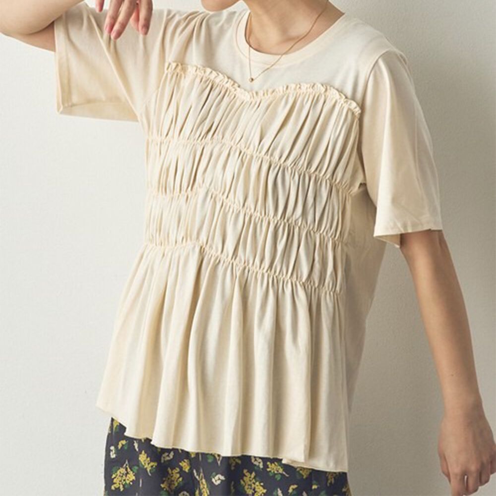 純棉多層皺摺設計短袖上衣-象牙米