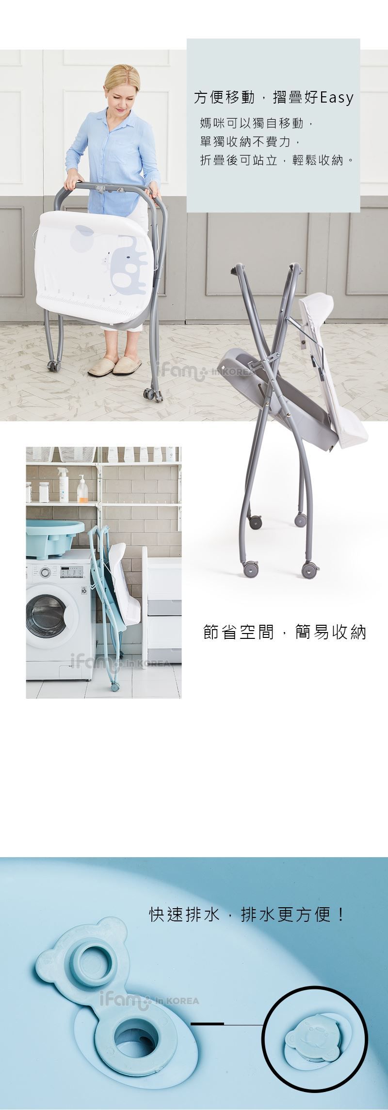 韓國 iFam - 多功能洗澡尿布台-灰色