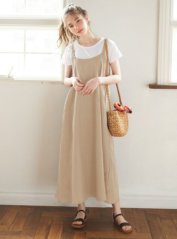 日本 GRL - 短袖上衣x休閒感垂墜吊帶裙2件組-奶茶棕 (F)