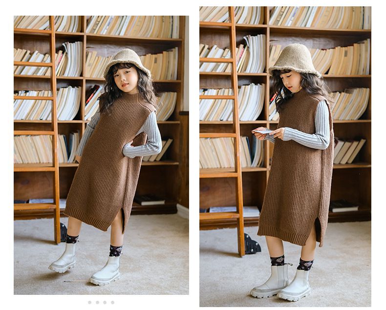 森林系半高領針織背心連身裙-咖啡色