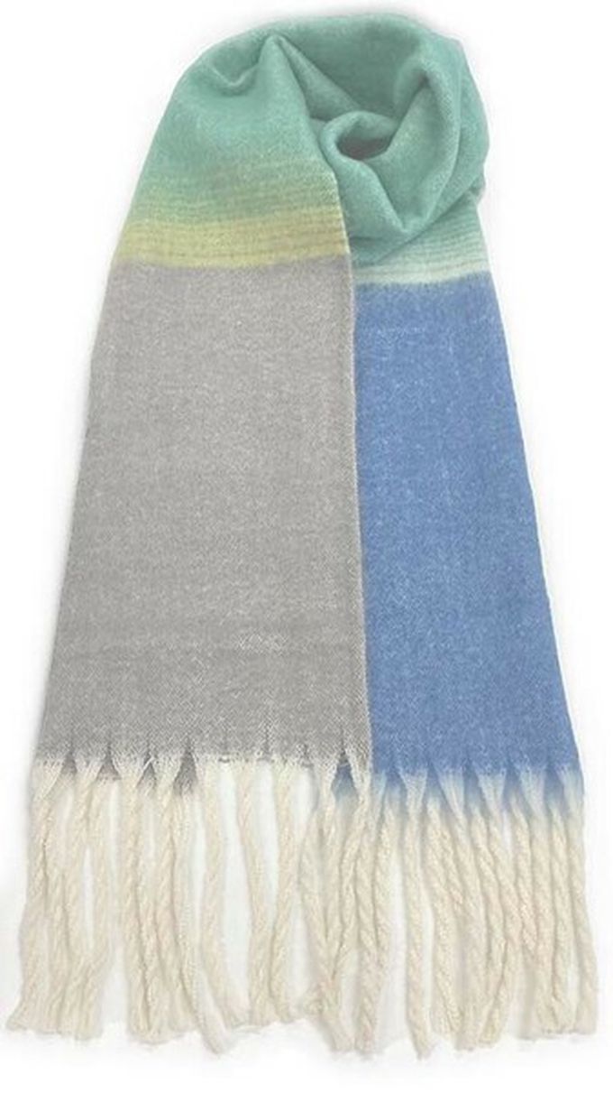 日本代購 - 份量感印花保暖流蘇圍巾-撞色-綠紫