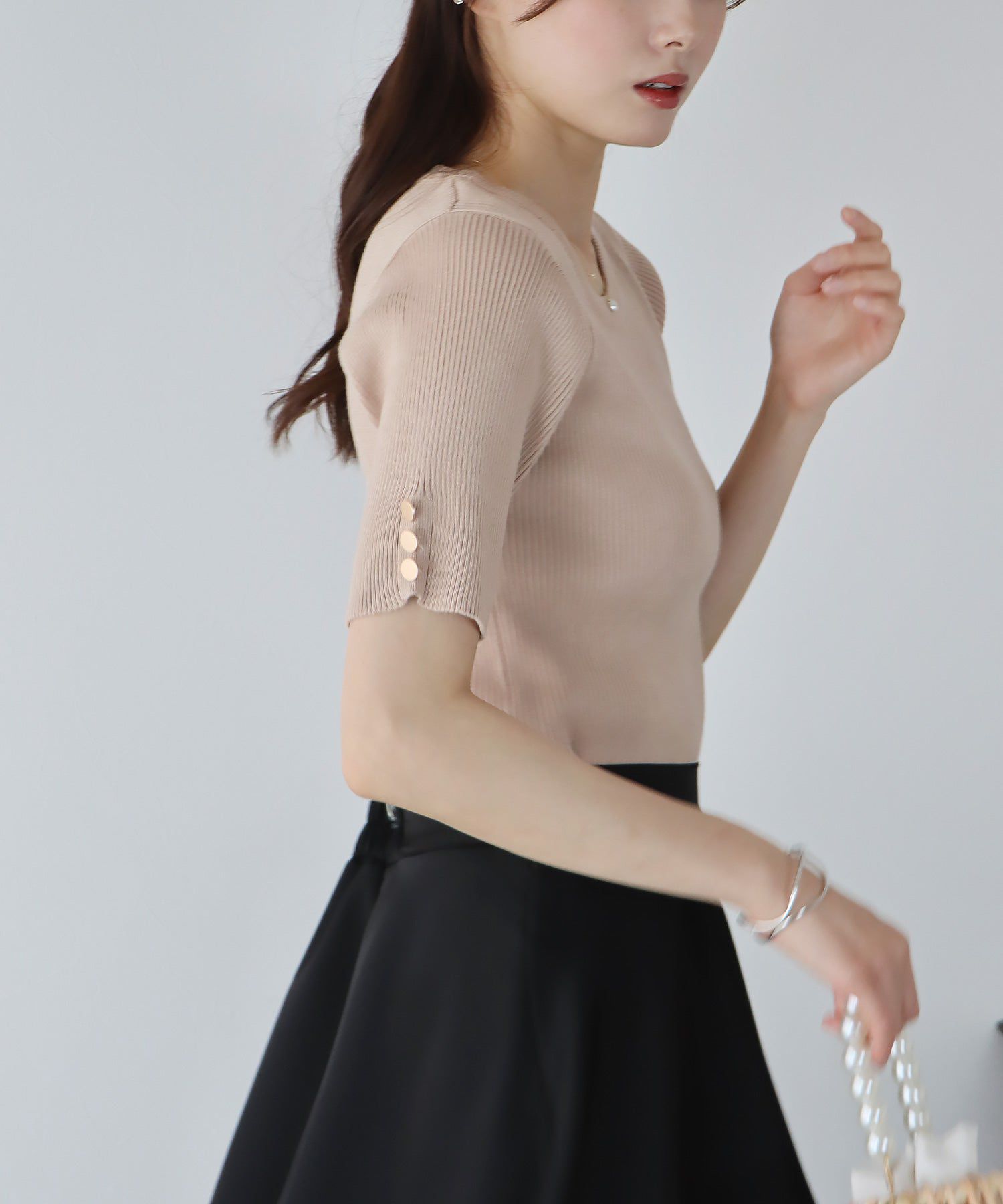 日本 BLUE EAST - 圓領金釦羅紋短袖上衣-白