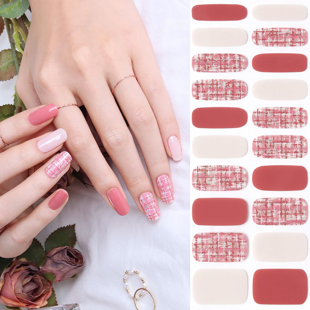 韓國 Glossy Blossom - 美甲貼-粉紅格紋-一張20貼+美甲貼磨甲棒