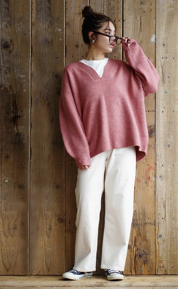 日本 zootie - 小V領柔軟落肩針織毛衣-星塵粉