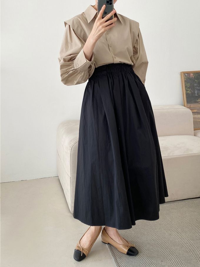 韓國女裝連線 - 寬鬆緊帶顯瘦修臀打褶圓裙-黑 (FREE)