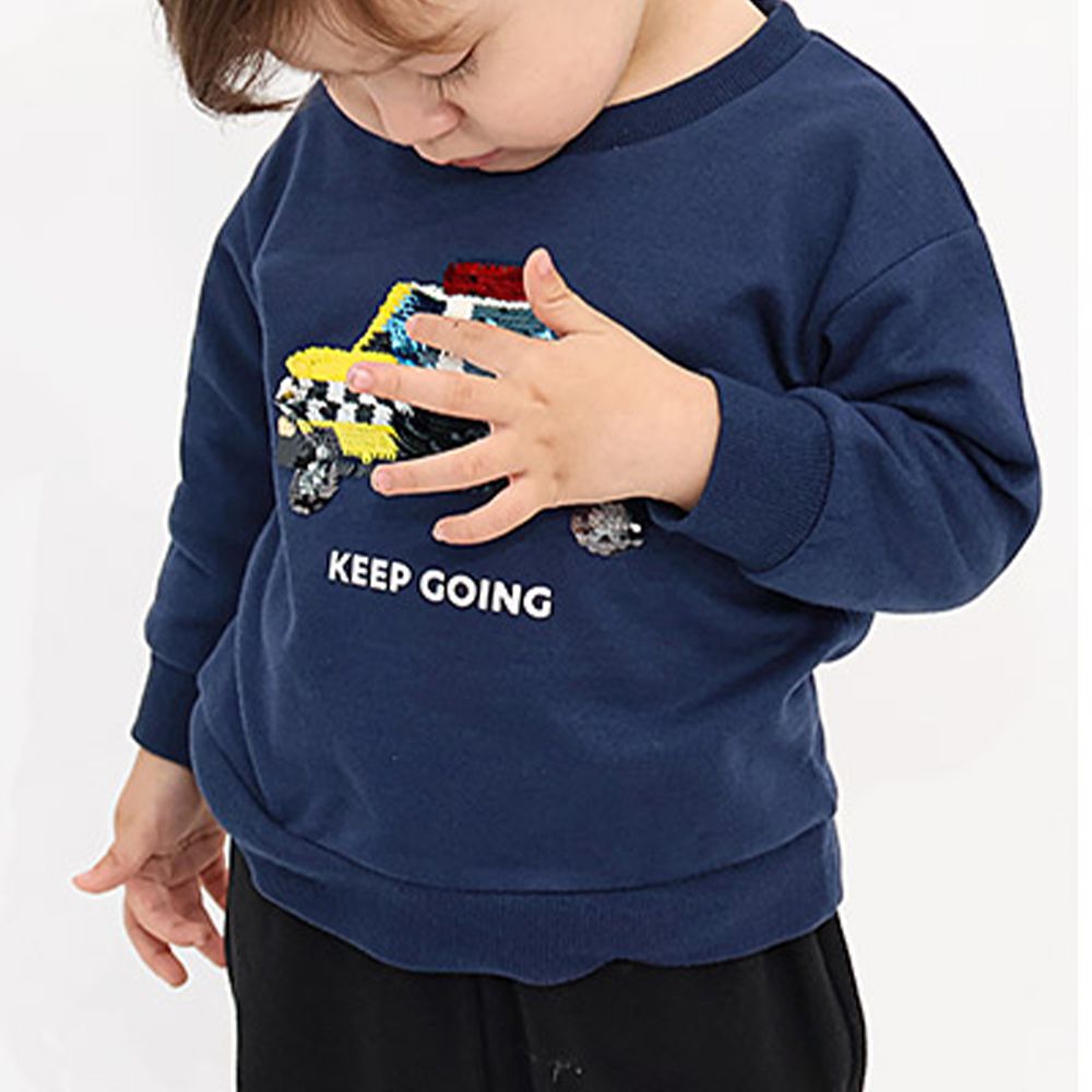 裏起毛 帥氣男孩長袖上衣-亮片警車-海軍藍