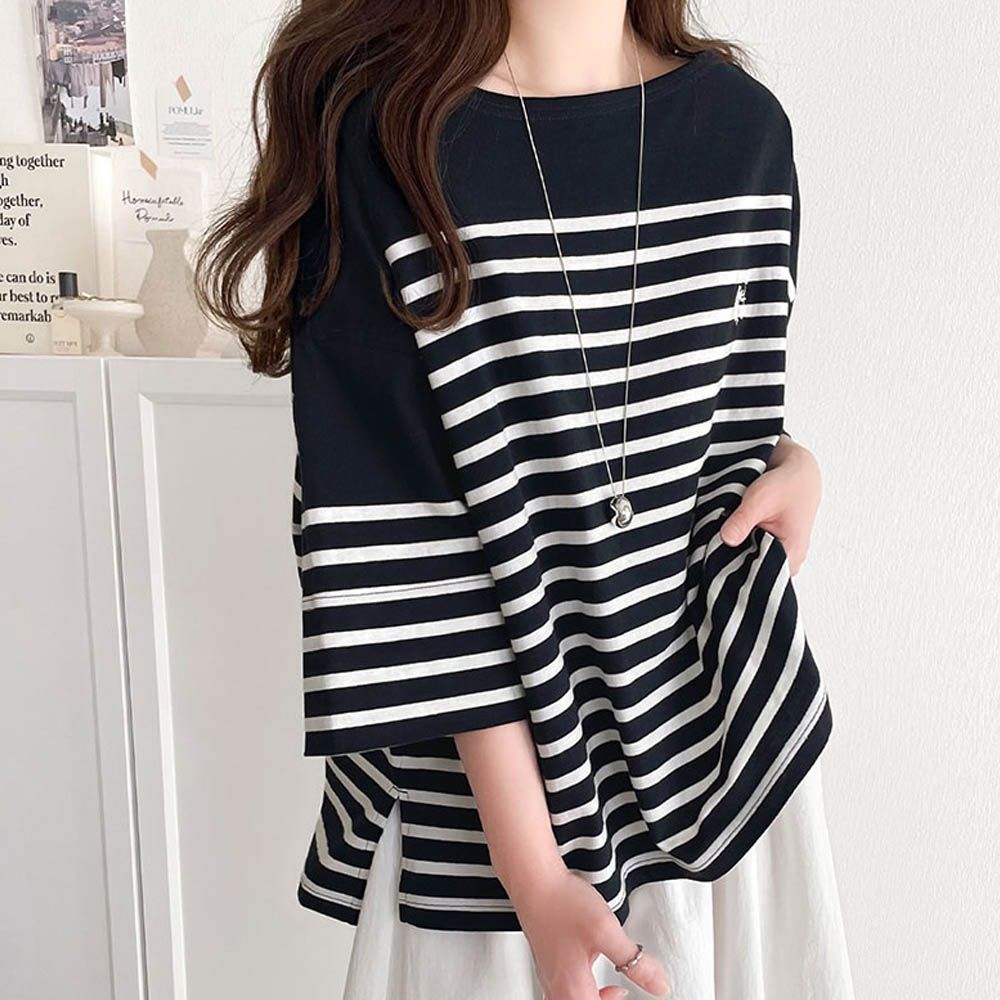 混有機棉休閒條紋五分袖上衣-海軍藍x白線