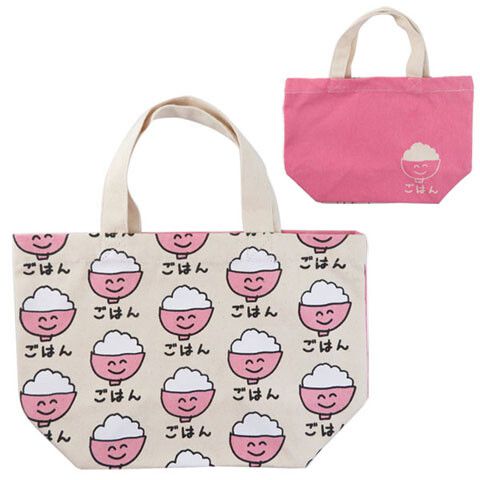 日本 OKUTANI - 童趣插畫純棉手提袋-米飯-粉紅 (29x20cm)