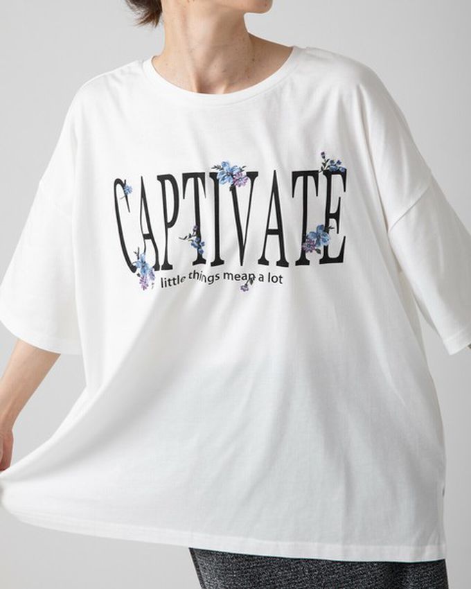 日本 gleam - 花朵刺繡英文標語天竺棉短袖T恤-白