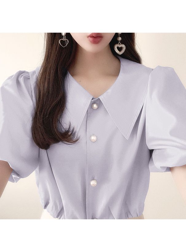 日本 GRL - 浪漫翻領珍珠釦泡泡袖襯衫-淺水藍 (F)