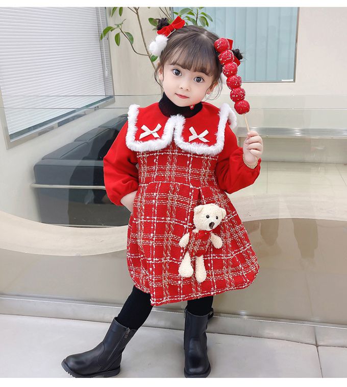 加厚翻領格紋連身裙-立體熊熊-紅色