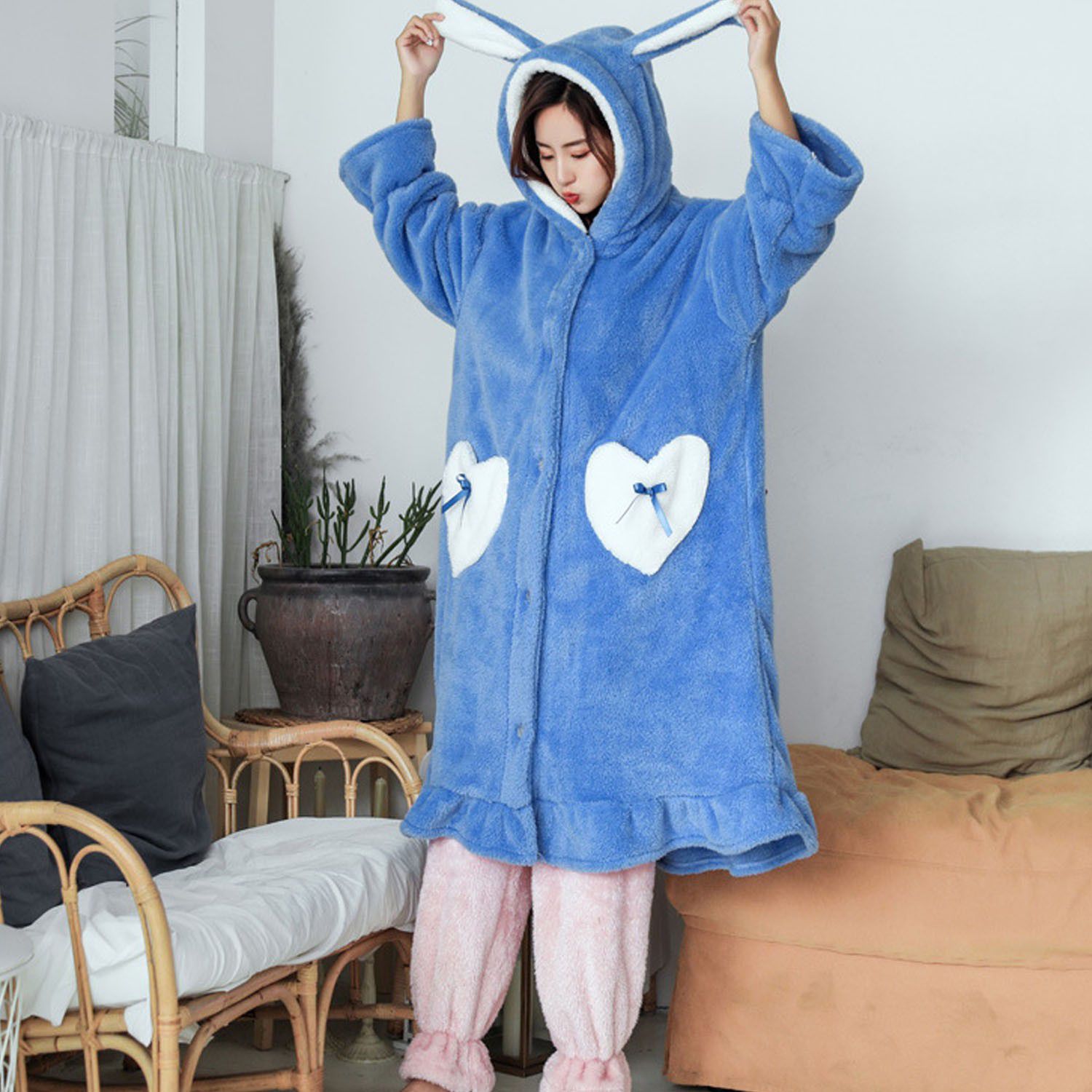 成人超柔軟珊瑚絨家居服-長袍-粉色