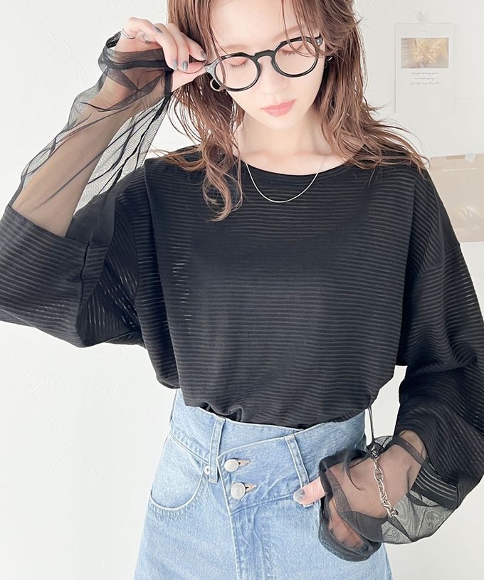 日本 Classical Elf - 寬鬆感薄紗拼接長袖上衣-指孔設計-黑