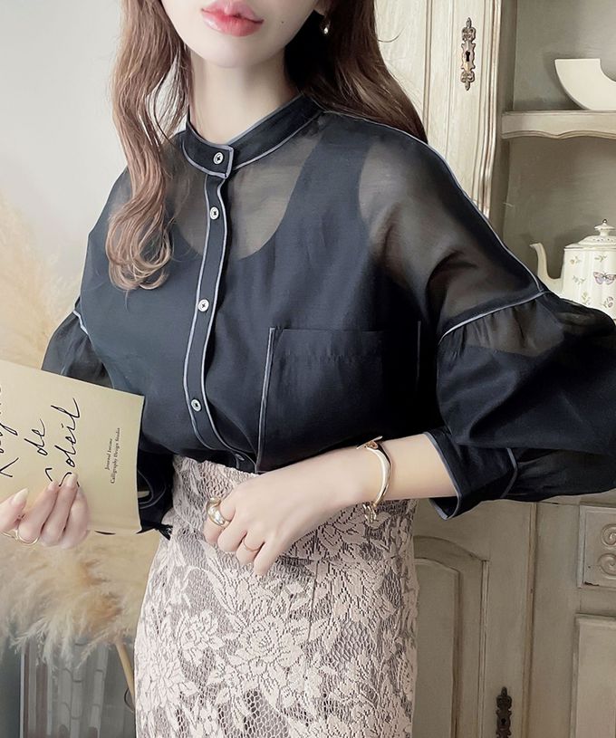 日本 Classical Elf - 優雅滾邊透膚感長袖襯衫-咖啡