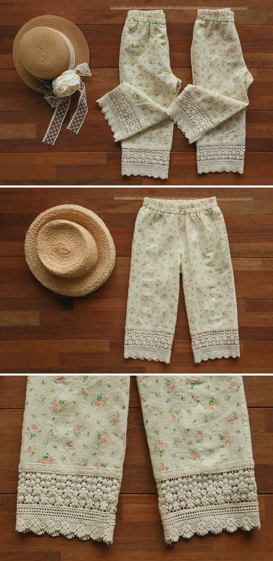 韓國 PuellaFLO - 春日碎花蕾絲下襬薄長褲