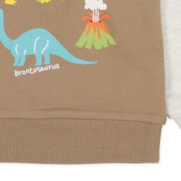 日本西松屋 - 裏毛圓領印花長袖上衣-恐龍小島-咖啡