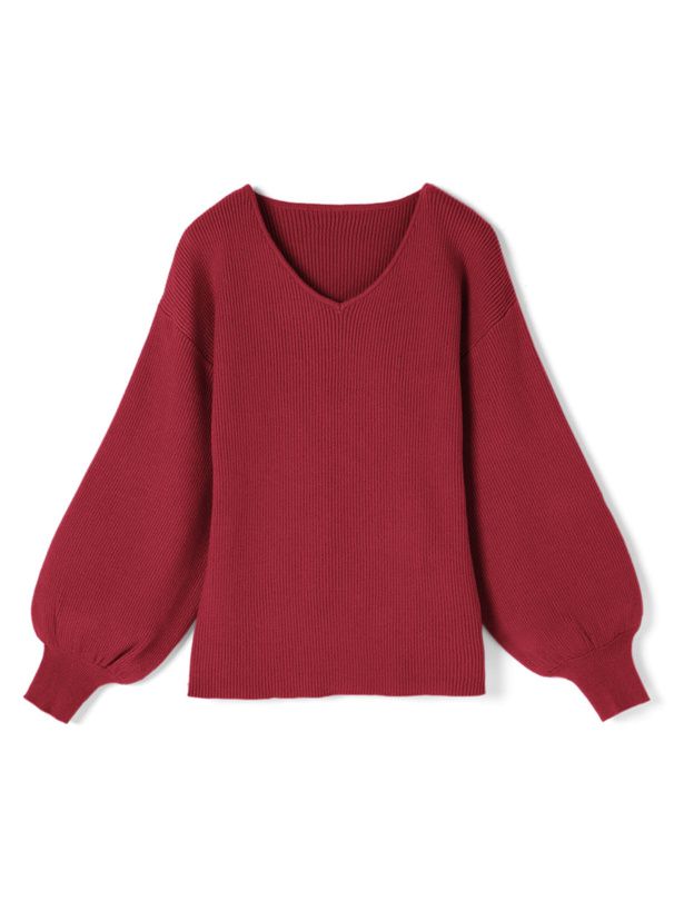 日本 GRL - 修身V領澎袖針織上衣-清新綠 (F)