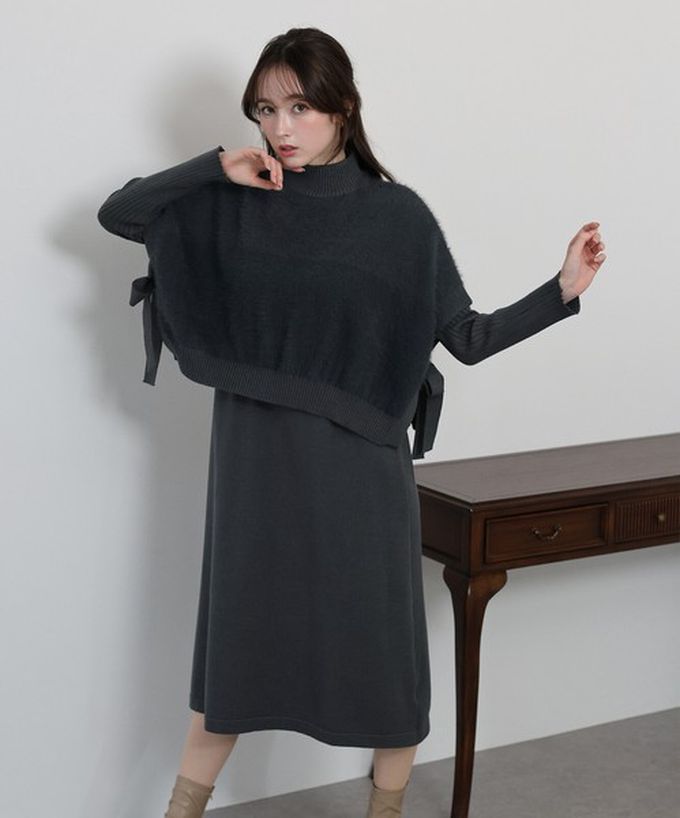 日本 BLUE EAST - [經典款]氣質針織斗篷綁帶長袖洋裝2件組-黑x杏