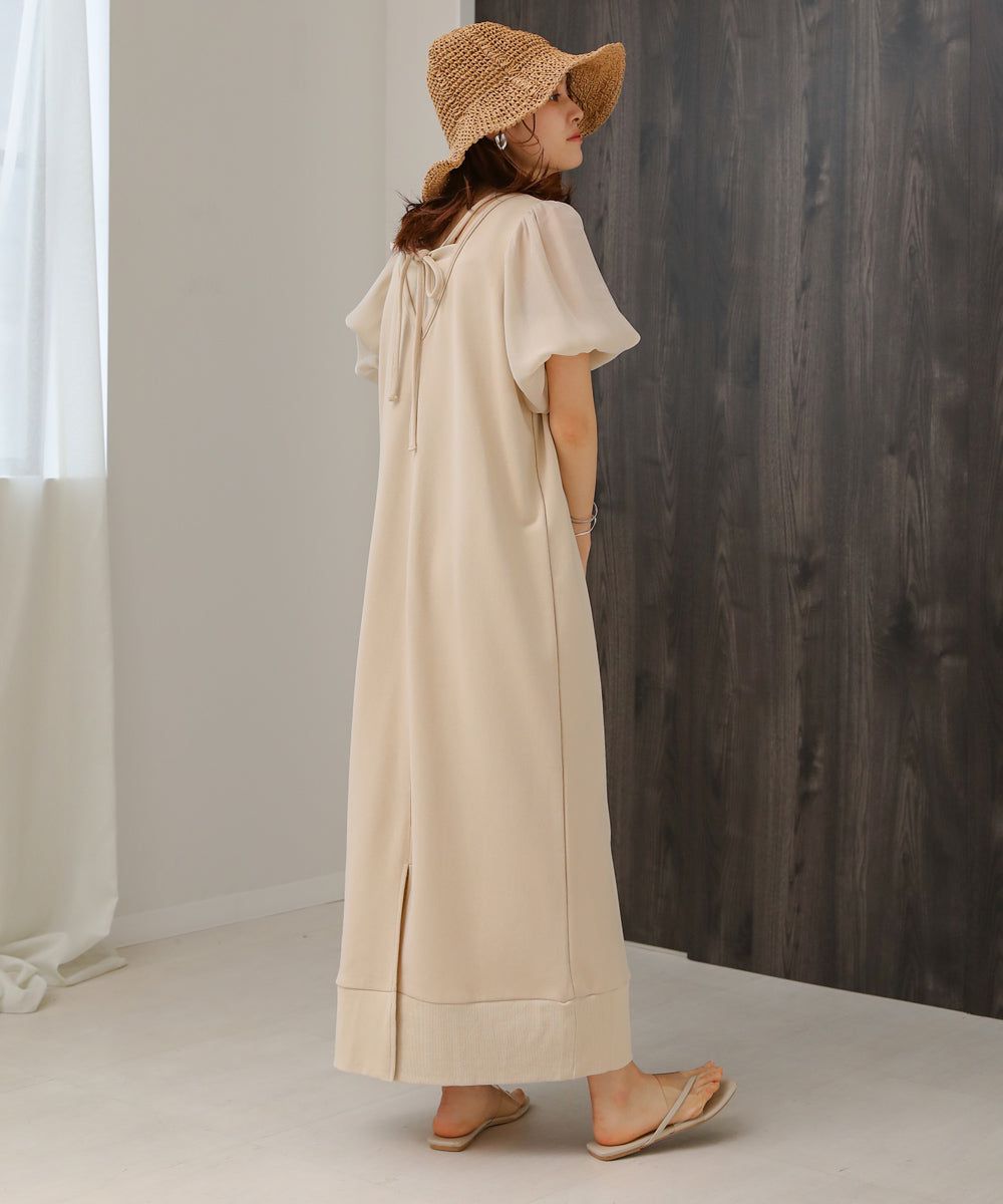 日本 Bab - 優雅綁帶V領泡泡袖洋裝-淺摩卡