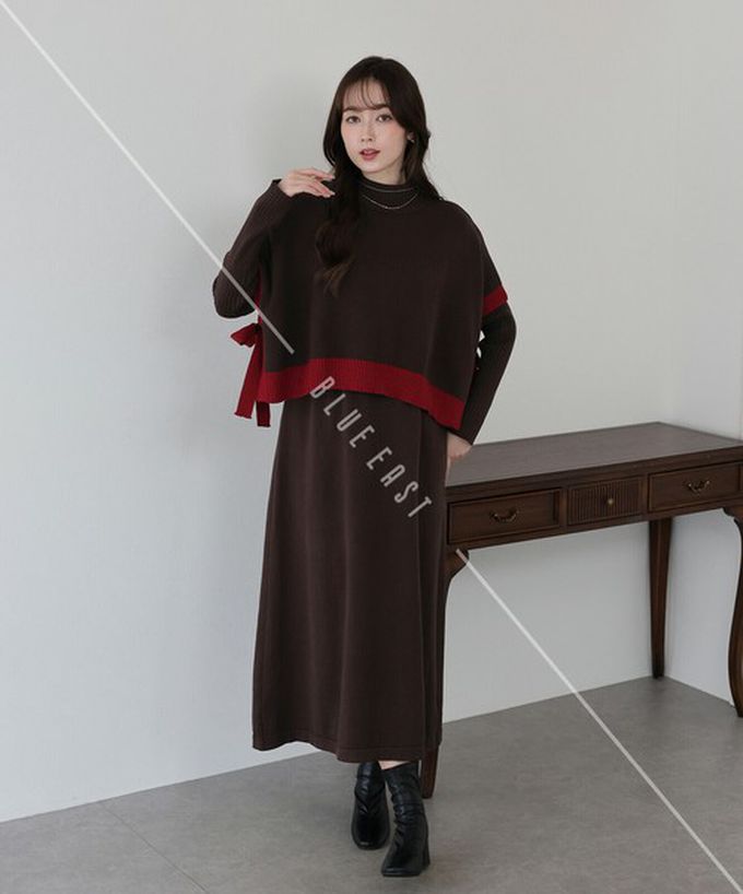 日本 BLUE EAST - [經典款]氣質針織斗篷綁帶長袖洋裝2件組-灰棕