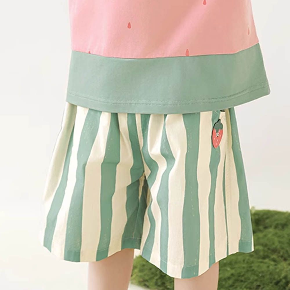 純棉腰鬆緊休閒短褲-拼色直條-草莓