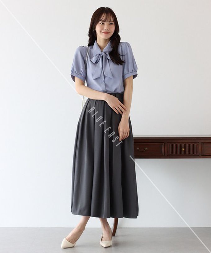 日本 BLUE EAST - 氣質蝴蝶結雪紡小澎袖襯衫-米杏