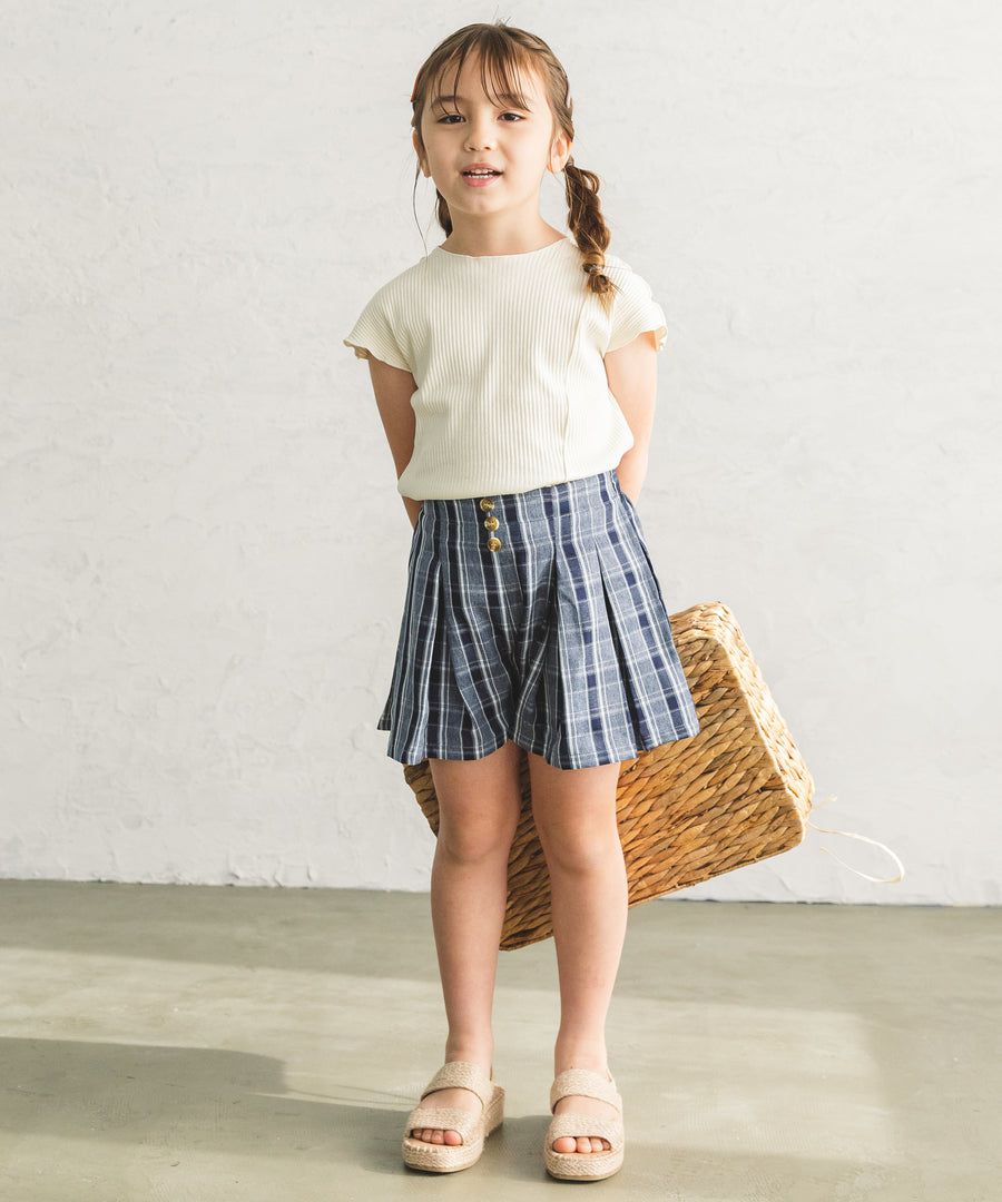 日本 PAIRMANON - 百摺造型排釦短褲裙-碎花-米